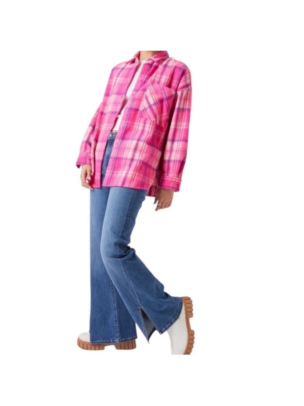 Francesca's Miami Barbie Pink Cozy Button Down Plaid Shacket